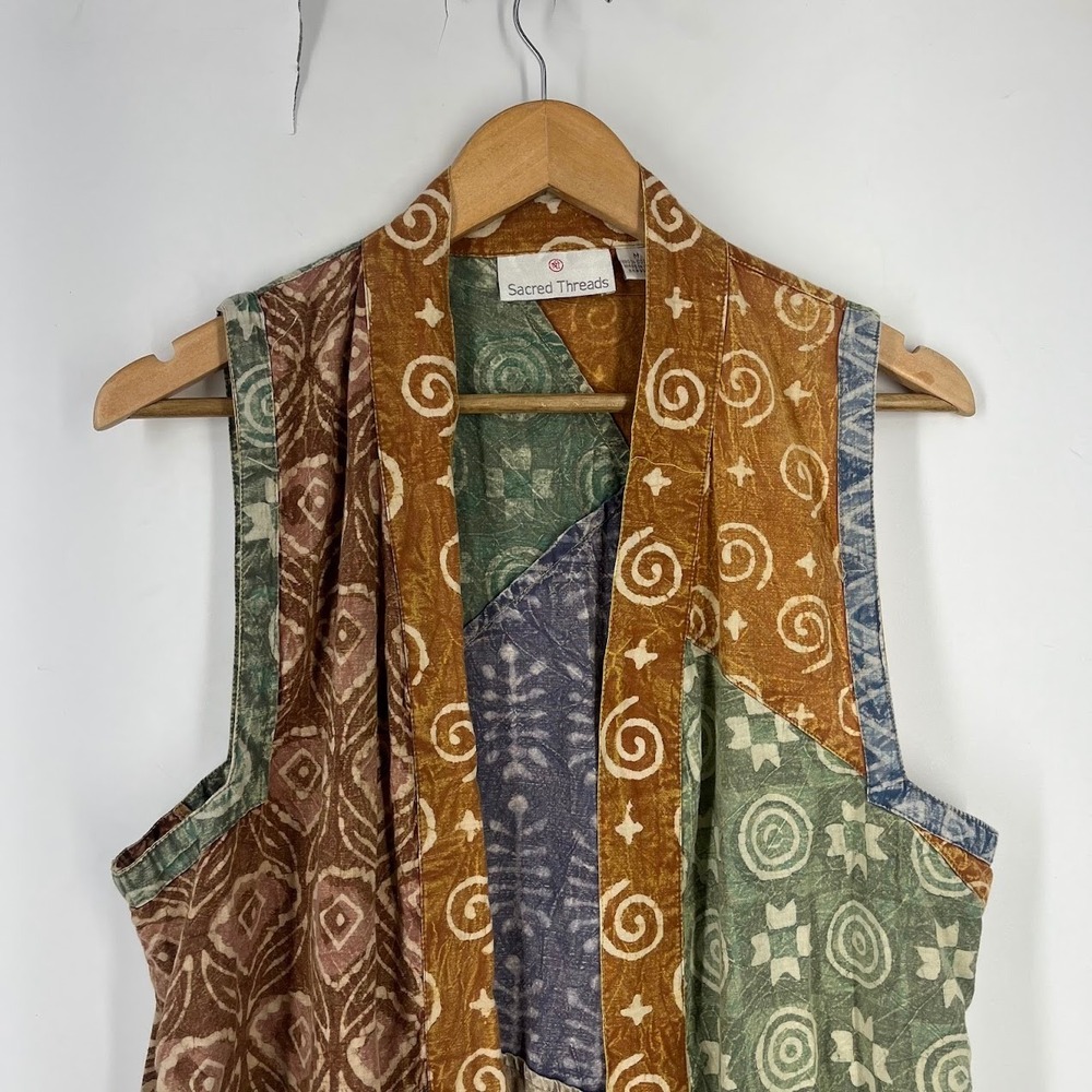 Sacred Threads Womens M Patchwork Batik Cotton Duster Vest Sleeveless Cardigan - Picture 5 of 15